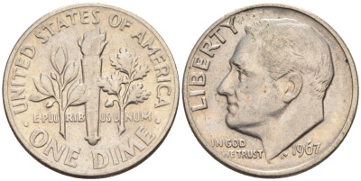 США 10 центов (дайм) 1967 Рузвельт KM 195а медь плакированная медно-никелем 4115-757