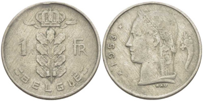 Бельгия 1 франк 1953 Belgie, Бодуэн I (1951-1993) KM 143.1 медно-никель 119-441