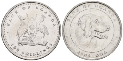 Уганда 100 шиллингов 2004 серия лунный календарь, год собаки KM 139 сталь UNC M57-19