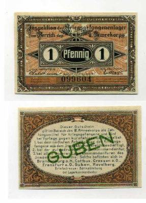 Германия 1 пфенниг 1917 инспекция лагерей военнопленных в Губене, III-ий Армейский корпус C-3053 бумага UNC (пресс) 504-74-1-1