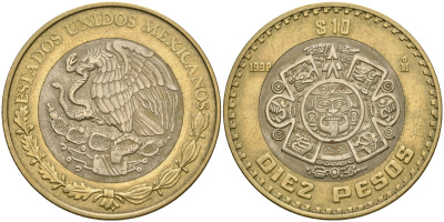 Мексика 10 песо 1998 Мо, бог Тонатиуха с огненной маской KM 616 биметалл 4364-2813