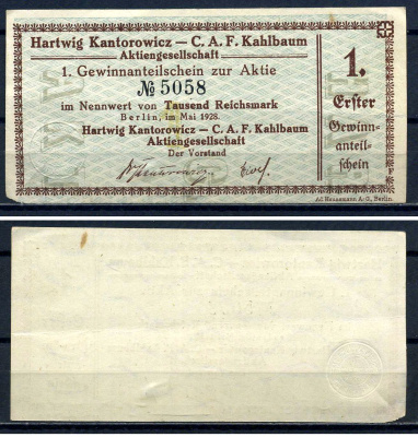 Германия, CAF Kahlbaum 1 акция на 1000 марок 1928 бумага 7556-31-4-1