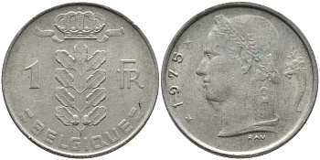БЕЛЬГИЯ 1 ФРАНК 1975 BELGIQUE KM 142.1 медно-никель 65-1131