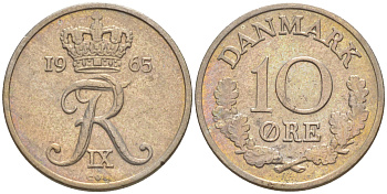 Дания 10 эре 1965 C;S, Фредерик IX (1947-1972) КМ 849.1 медно-никель 187-647