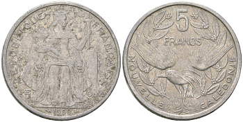 Французская Новая Каледония 5 франков 1998 птица кагу, (IEOM) KM 16, Schoen 12, Lec 81c алюминий 189-215