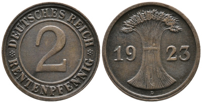 ГЕРМАНИЯ 2 РЕНТЕНПФЕННИГА 1923 D KM 31, J. 307 бронза 24-415
