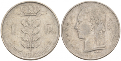 БЕЛЬГИЯ 1 ФРАНК 1955 BELGIQUE KM 142.1 медно-никель 68-333