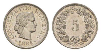 Швейцария 5 раппенов 1964 B KM 26 медно-никель UNC 4611-832