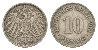 Германия 10 пфеннигов 1912 G, Вильгельм II (1888-1918) KM 12, J. 13 медно-никель 4640-326