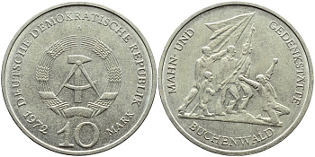 ГДР 10 марок 1972 A, мемориал Бухенвальда KM 38, J. 1539 медно-никель 4394-244