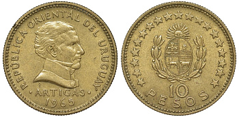 Уругвай 10 песо 1965 KM 48 алюминиевая бронза 69-412