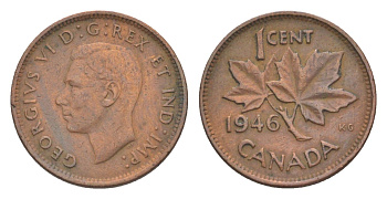 Канада 1 цент 1946 Георг VI (1936-1952), кленовый лист KM 32 бронза 4618-1024