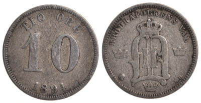 Швеция 10 эре 1891 Оскар II (1872-1907) король Швеции и Норвегии KM 755 серебро 4179-524