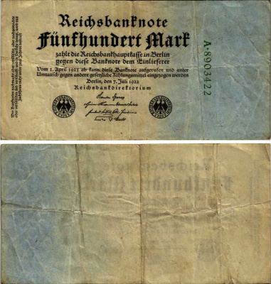 Германия 500 марок 1922 зеленая серия, 7 цифр в номере Pick 74 b бумага 7183-65-2-1