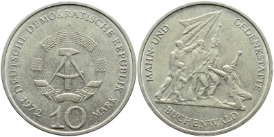 ГДР 10 марок 1972 A, мемориал Бухенвальда KM 38, J. 1539 медно-никель 4394-244
