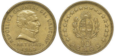 Уругвай 10 песо 1965 KM 48 алюминиевая бронза 69-412