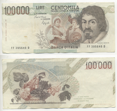 Италия 100000 лир 1983 Караваджо, фруктовый букет, подпись Stevani Pick 110а бумага 7220-8-1