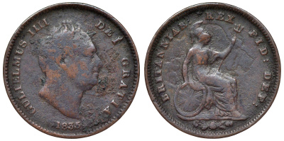 Великобритания 1/3 фартинга 1835 Вильгельм IV (1830-1837) KM 721, Spink 3850 медь    4115-348