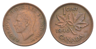 Канада 1 цент 1946 Георг VI (1936-1952), кленовый лист KM 32 бронза 4618-1024