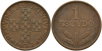 Португалия 1 эскудо 1977  KM 597 бронза    4601-1054