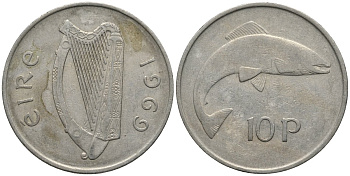 Ирландия 10 пенсов 1969 лосось KM 23 медно-никель 3855-1011