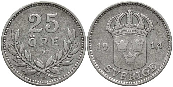 Швеция 25 эре 1914 W, Густав V (1907-1950) КМ 785 серебро 201-1051