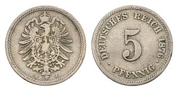 Германия 5 пфеннигов 1876 J, Вильгельм I (1871-1888) KM 3, J. 3 медно-никель 4632-666