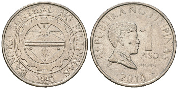 Филиппины 1 писо 2010 KM 269a сталь плакированная никелем 4523-1241