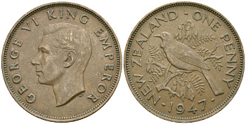 Новая Зеландия 1 пенни 1947 Птица Туи, Король Георг VI (1937 - 1952) KM 13 бронза 81-841