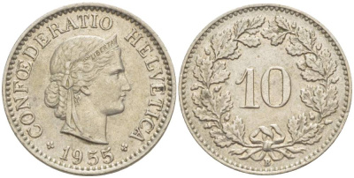ШВЕЙЦАРИЯ 10 РАППЕНОВ 1955 В KM 27 медно-никель 216-1251