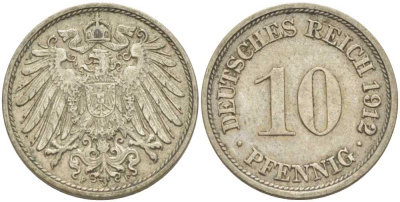ГЕРМАНИЯ 10 ПФЕННИГОВ 1912 F KM 12, J. 13, Weege 8 медно-никель 212-155