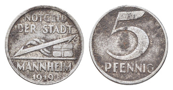 Мангейм 5 пфеннигов 1919 Funck 315.1, Men18 20355.1 железо 4708-812