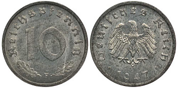 Германия 10 рейхспфеннигов 1947 F, оккупация Германии союзными войсками J. 375, KM A104 цинк UNC 4127-1234