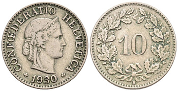 Швейцария 10 раппенов 1930 В KM 27 медно-никель 4576-941