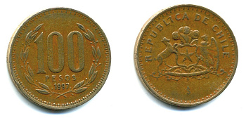 ЧИЛИ 100 ПЕСО 1997 ГЕНЕРАЛ БЕРНАРДО О ХИГГИНС KM 226.2 алюминевая бронза 35-1133