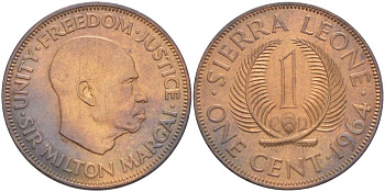 Сьерра-Леоне 1 цент 1964 Милтон Маргаи KM 17 бронза 4519-523