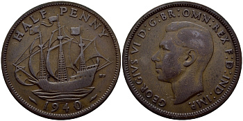 Великобритания 1/2 пенни 1940 Георг VI (1936-1952) KM 844, Spink 4115 бронза 62-932