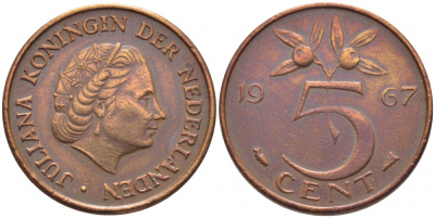 НИДЕРЛАНДЫ 5 ЦЕНТОВ 1967 ЮЛИАНА KM 181 бронза 3856-741