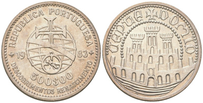Португалия 500 эскудо 1983 XVII Европейская художественная выставка KM 620 серебро  UNC  4584-531