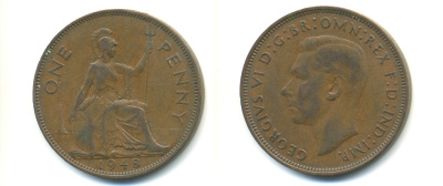 Великобритания 1 пенни 1948 Георг VI (1936-1952) KM 845, Spink 4114 бронза 89-242