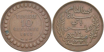Тунис 10 сантимов 1917 АН1336, Мухаммад V ан-Насир KM 236 бронза 4526-225