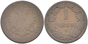 Австрия 1 крейцер 1859 A, Франц Иосиф I (1848-1916) KM 2186 медь 4387-113