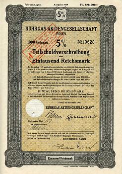 Германия 1000 рейхсмарок 1939 Акционерное общество Рургас Эссен, 5% -ное частичное долговое обязательство с маркой конвертации под 4% -ную процентную ставку, облигация   бумага   8804-25-1