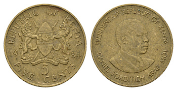 Кения 5 центов 1984 Дэниэл арап Мои KM 17 никель латунь 4114-424