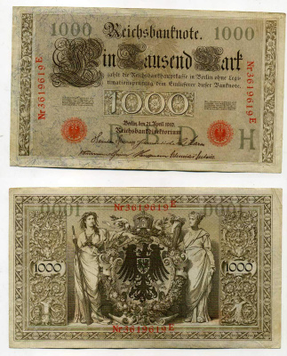 Германия 1000 марок 1910 красная печать, 7 значный номер Pick 44 b  бумага   8610-42-1-1