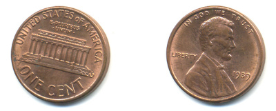 США 1 цент 1989 Линкольн KM 201b цинк плакированный медью UNC 179-426