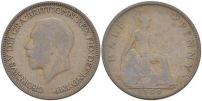 Великобритания 1/2 пенни 1929 Георг V (1910-1936) KM 837, Spink 4058 бронза 4513-613