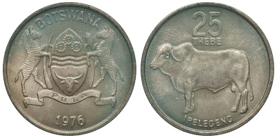 Ботсвана 25 тхебе 1976 зебу KM 6 медно-никель 4118-635