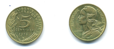 ФРАНЦИЯ 5 САНТИМОВ 1978 ТИП MARIANNE KM 933 медь алюминий никель 84-1541