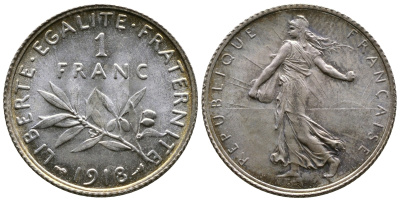 Франция 1 франк 1918 сеятель KM 844.1, Le Franc 217.24 серебро UNC 259-713